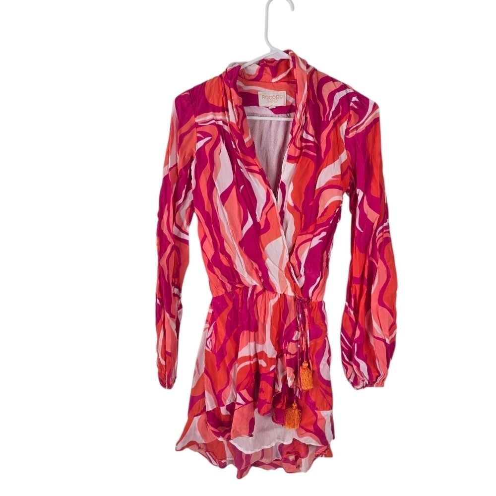 Rococo Sand Emily Mini Wrap Dress XS Tassels Ruffles Pink/Orange Swirl Print - Picture 2 of 16